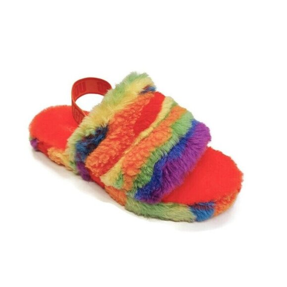 UGG Fluff Yeah Slide Cali Collage Backstrap Slippers Big Kids 4 Rainbow Stripes - Picture 1 of 8